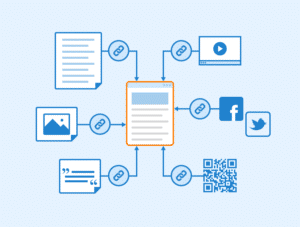 A diagram of a mobile phone featuring social media icons and qr codes for SEO Buddy Link Chest.