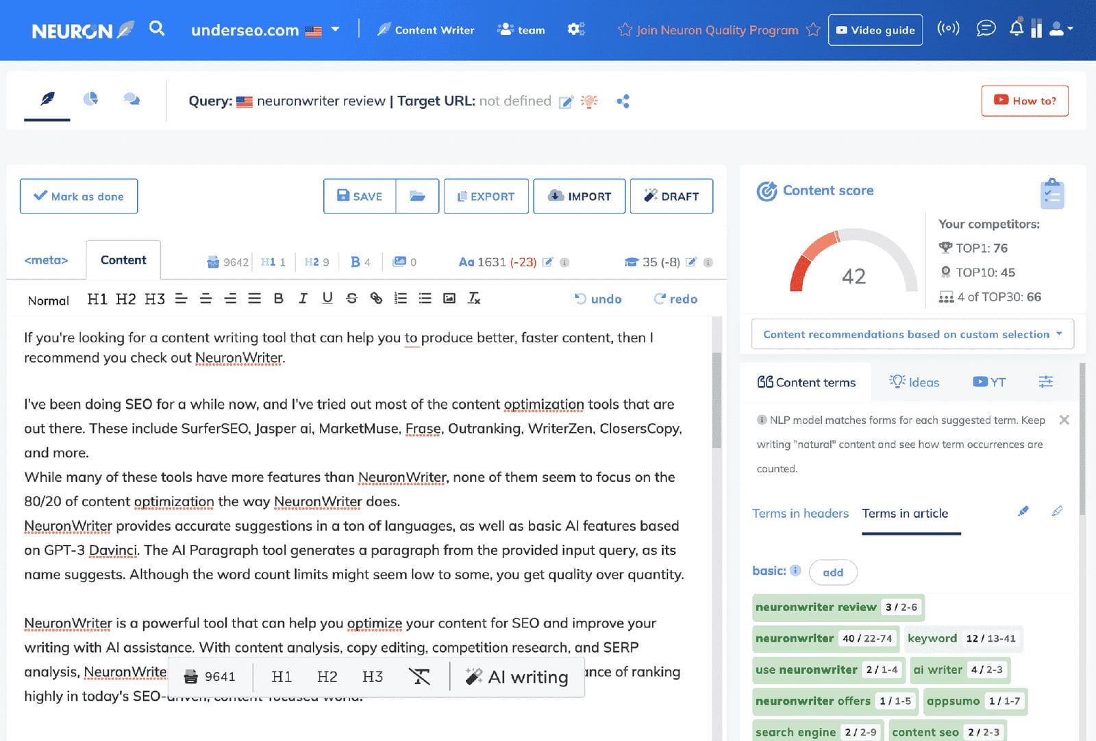 NeuronWriter Editor A screen shot of a web page with a blue background for NeuronWriter Review.