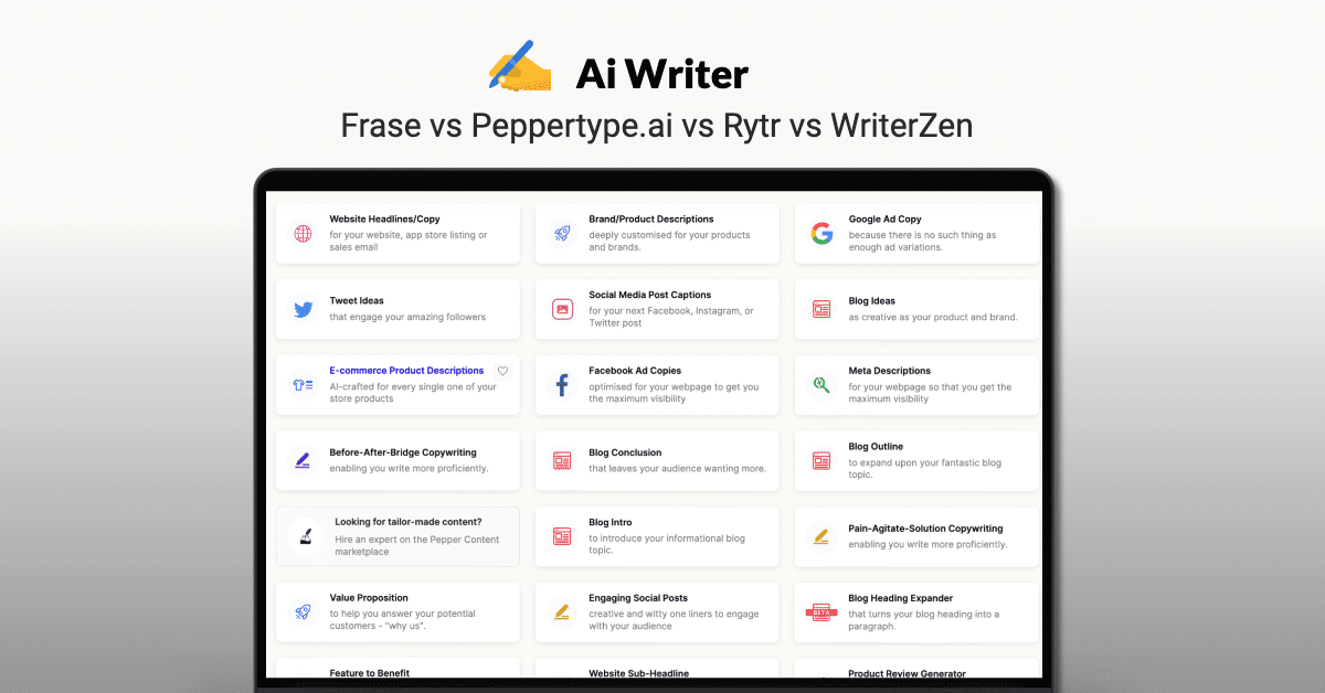 Comparison of AI Writer apps: Frase, Peppertype.ai, Rytr, and WriterZen to determine the best.