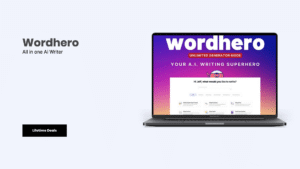 A laptop with the Wordhero logo, showcasing the best AI content writing capabilities.