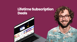 A man with glasses explores lifetime subscription deals for software on his laptop.