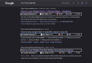 A screen shot of a Google search page displaying the top-ranked content writing tools for SEO.