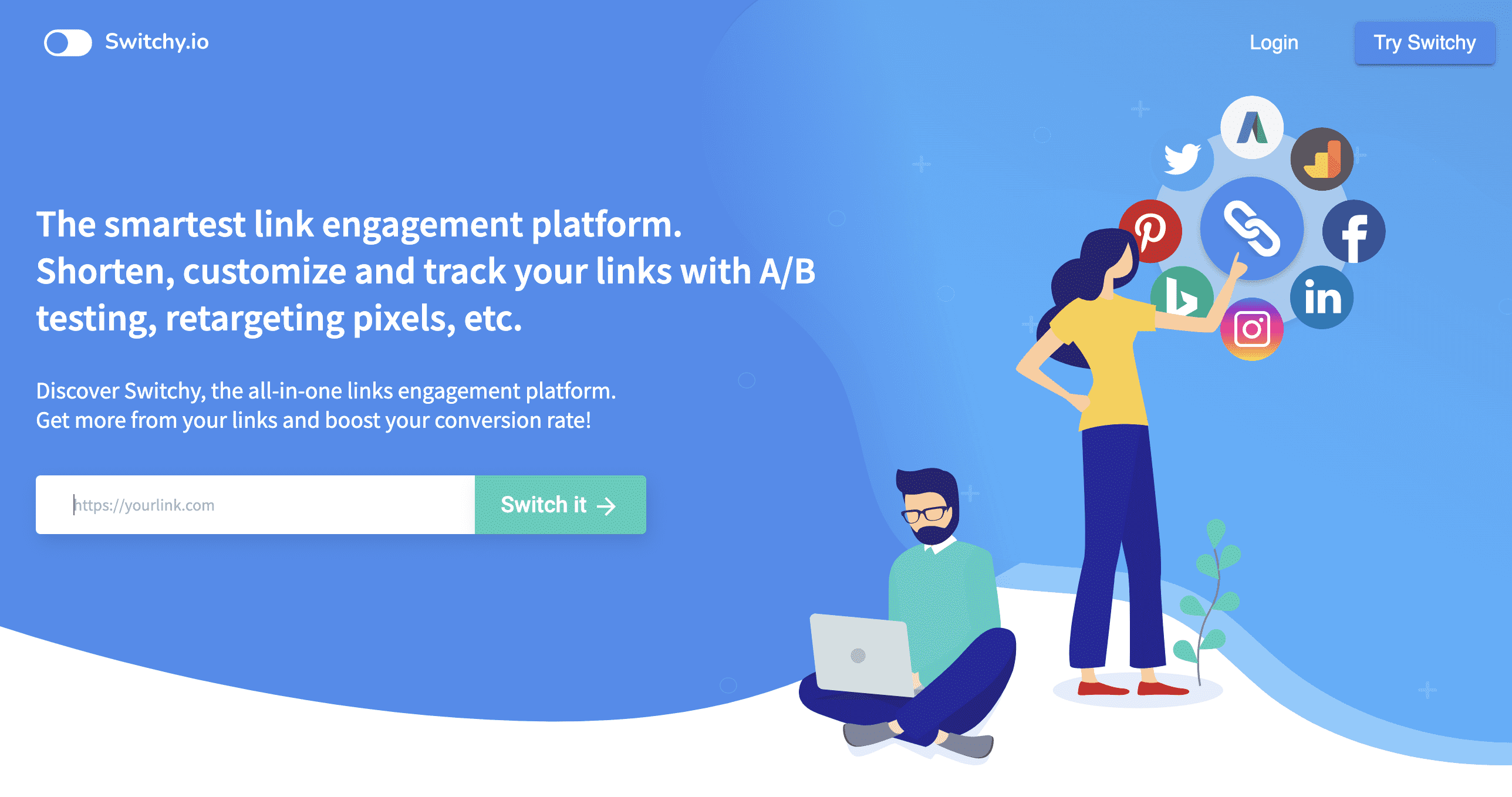Switchy Io Review A landing page showcasing the features and benefits of a social media platform.