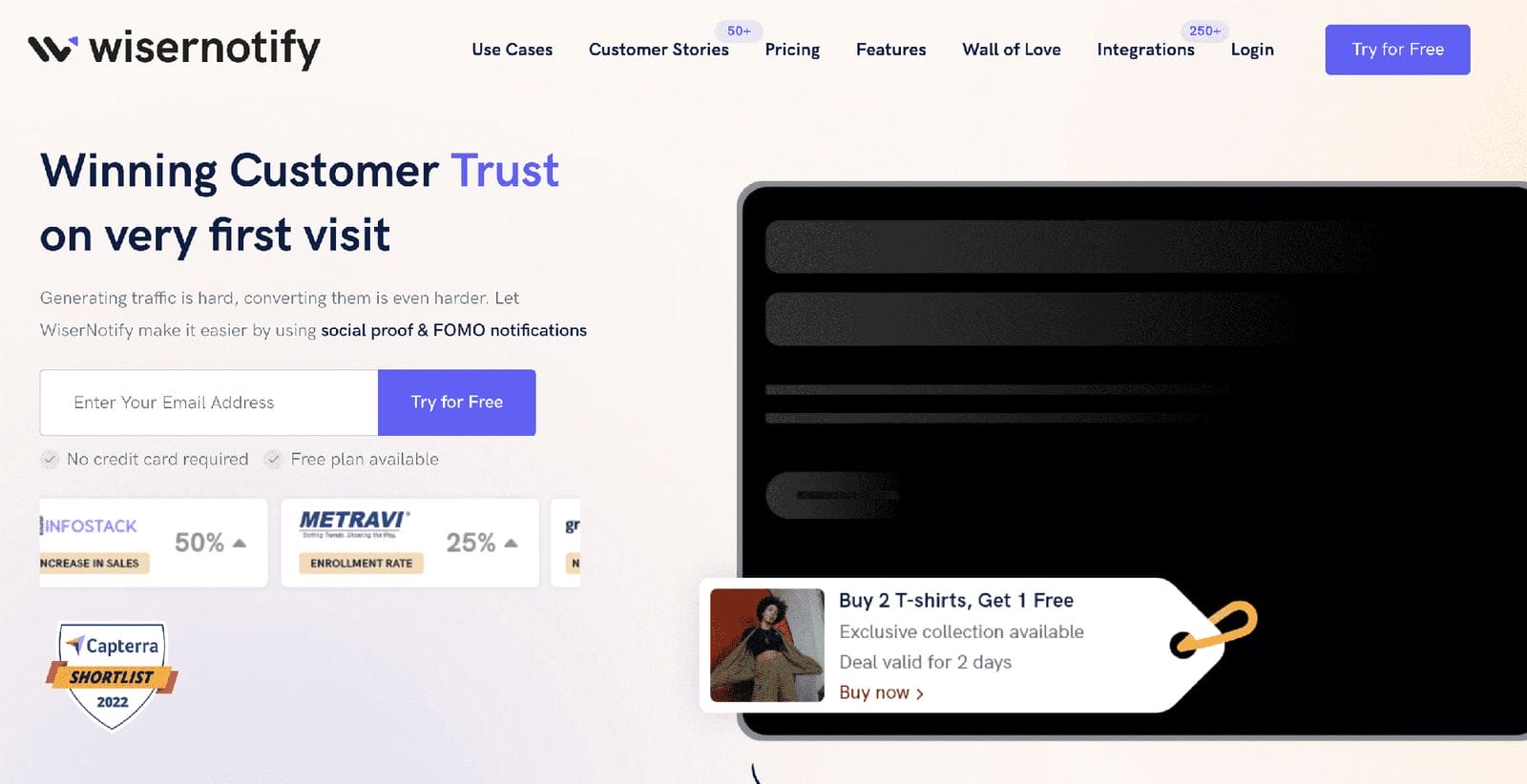 A screenshot of a website with trustworthy customer reviews and social proof notifications from WiserNotify.