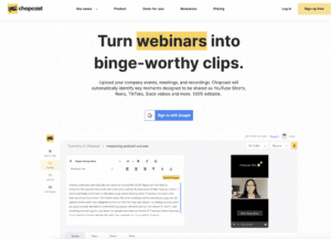 A screen shot of a webpage with the words turn webinars into bing-worthy clips, featuring My experience With cutting long-form videos into clips.