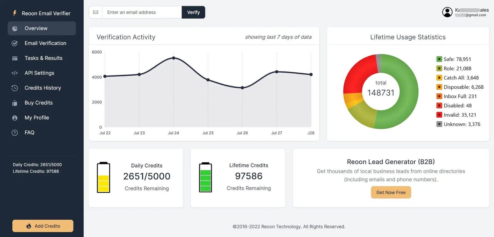 Reoon Email Verifier Review Dashboard